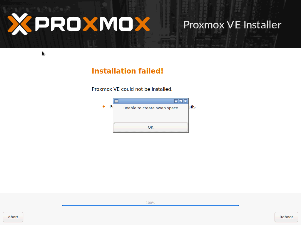 Proxmox installation failed: unable to create swap